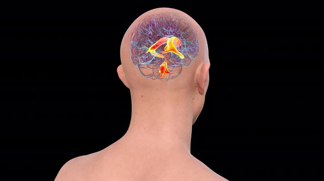 Ventricular system of the brain, 3D animation. The ventricles are cavities in the brain that are filled with cerebrospinal fluid (CSF).