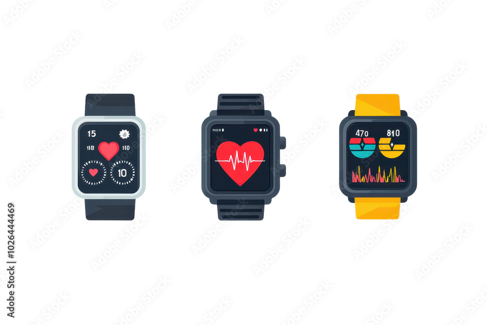 Poster set of three colorful smartwatches displaying health metrics and activity tracking features, isolate
