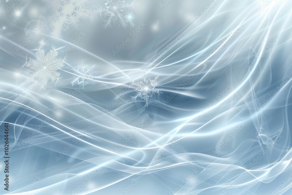 Poster abstract winter background with flowing silver lines and translucent snowflakes in motion