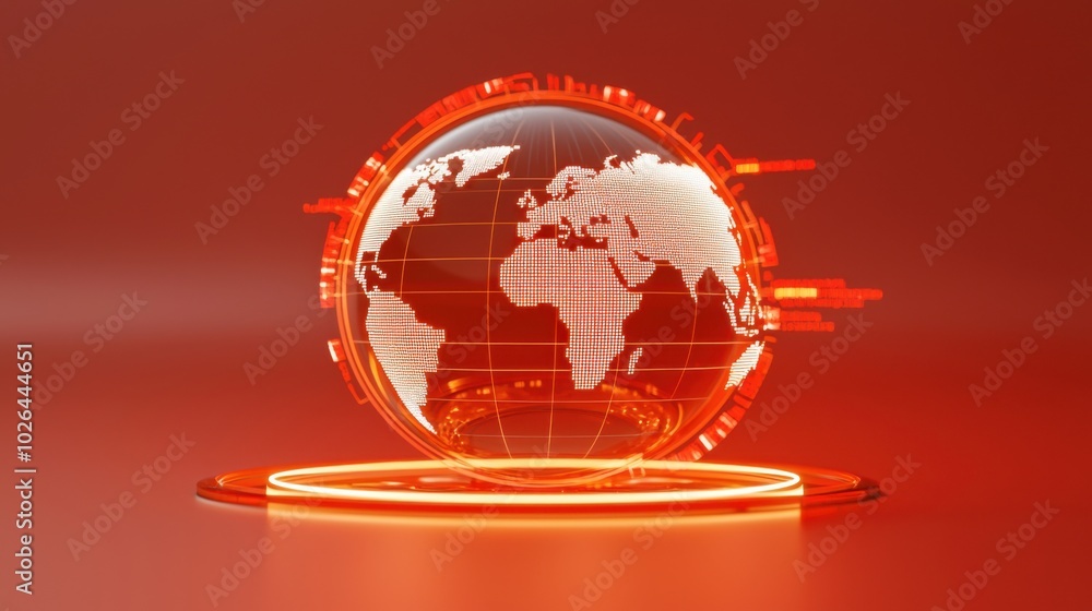 Poster digital globe with glowing red outline showcases map of world, emphasizing connectivity and technolo