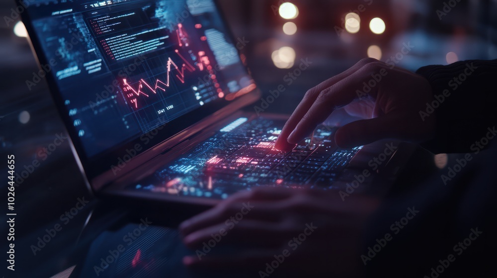 Poster close-up of a business professional working on a notebook computer with financial metrics and growth