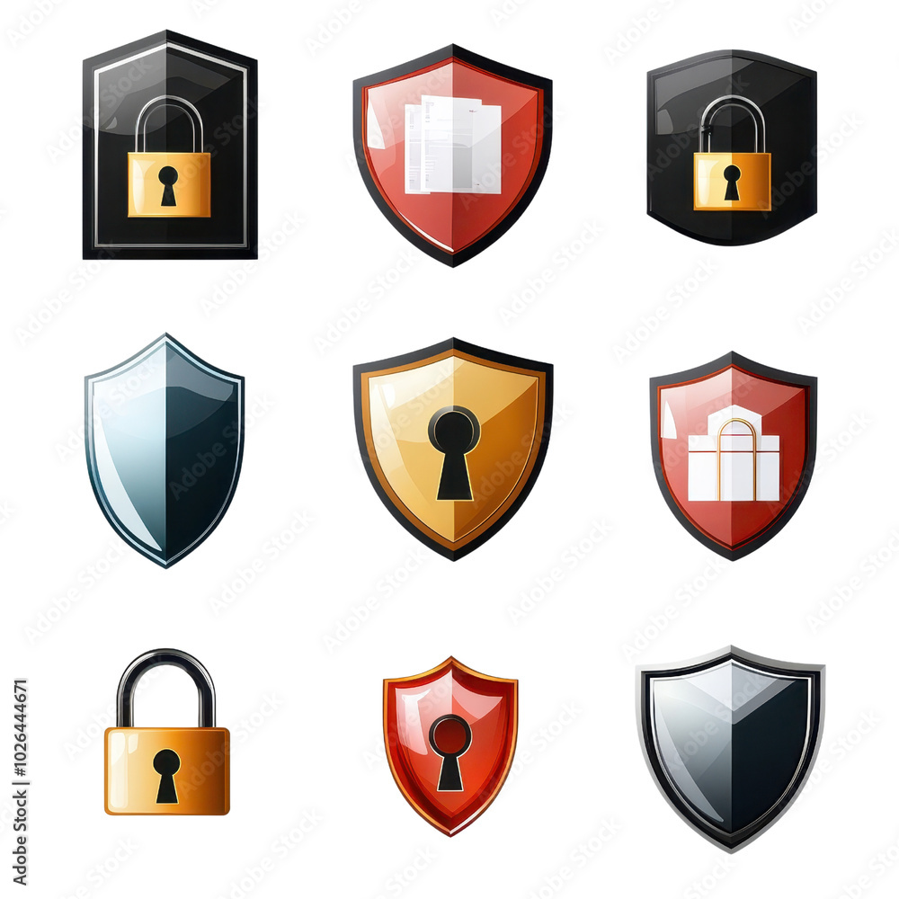 Aufkleber colorful security shields and lock icons in vector style, perfect for digital protection concepts an