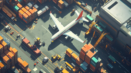 A highangle view of a logistics hub, with shipping containers being transported between trucks and planes