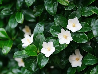Obraz premium Close-up of white flowers blooming on a green bush.