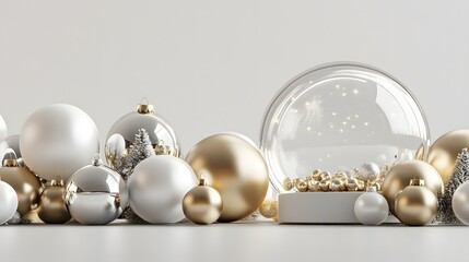 3. **Festive Ornament Display**: Design a stunning 3D render featuring an assortment of white and gold Christmas baubles, with an empty glass snow globe prominently displayed. The scene should