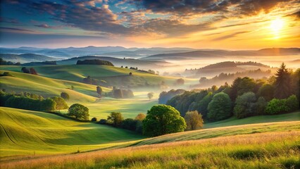 Obraz premium panoramic serene meadow at dawn with soft sunlight and rolling hills
