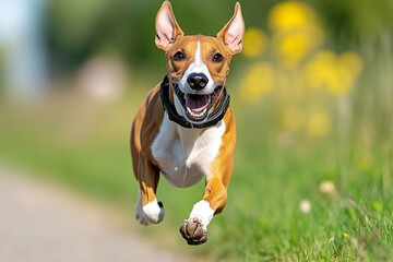 Greyhound sprinting across an open field, its slim body moving at incredible speed, showcasing its athleticism and joy of running