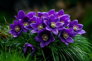 Fototapeta premium Group of Pulsatilla Vulgaris flowers swaying gently in the wind, their purple petals contrasting with the vibrant green grass around them