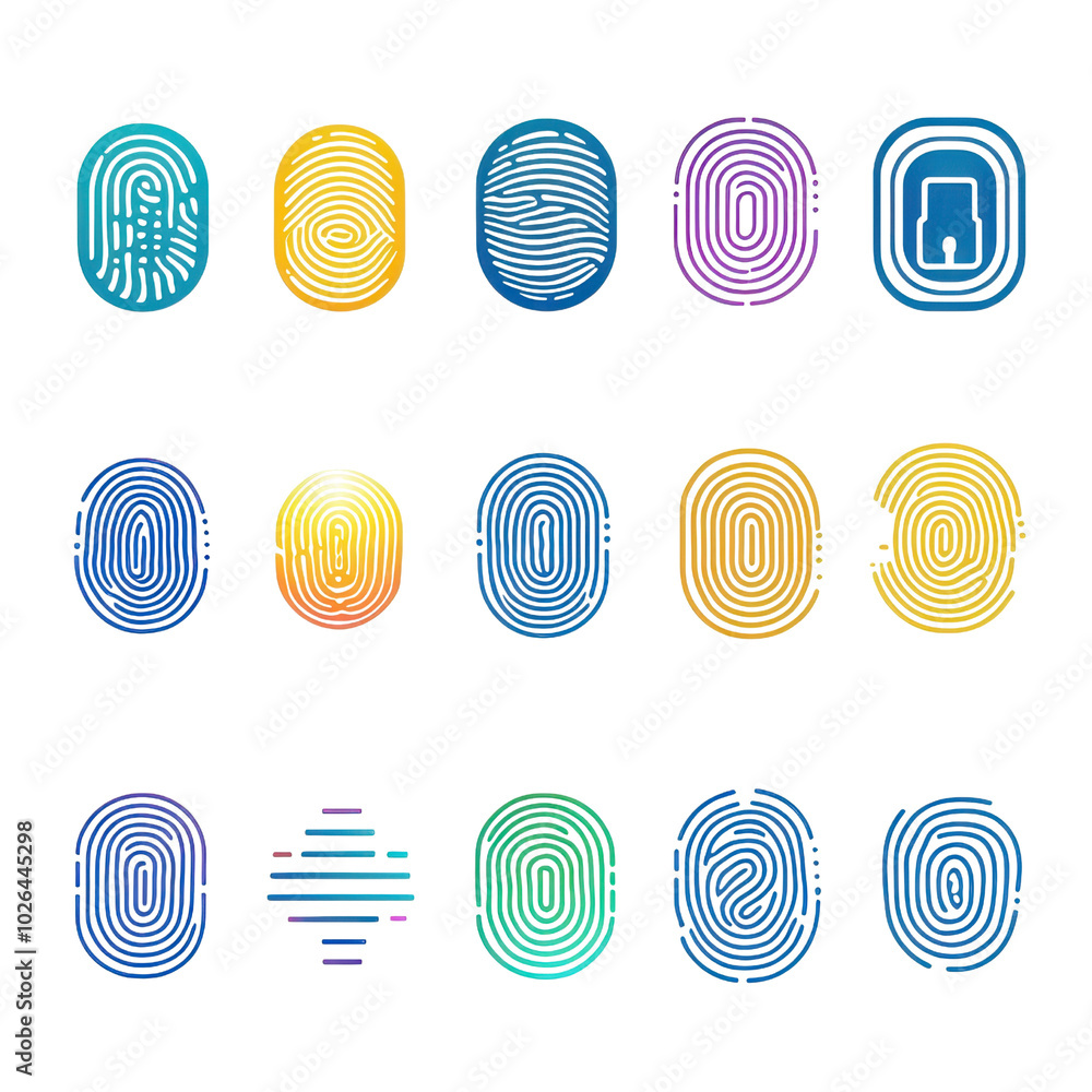 Poster colorful fingerprint icons collection in various shapes and shades, showcasing identity and security