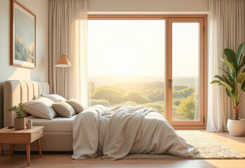 modern stylish marital bedroom with large windows