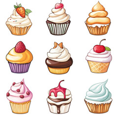 Colorful illustration of nine delicious cupcakes, each uniquely decorated with vibrant frosting and fruits, perfect for dessert lovers.