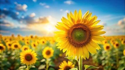 Panoramic single sunflower with blurred background