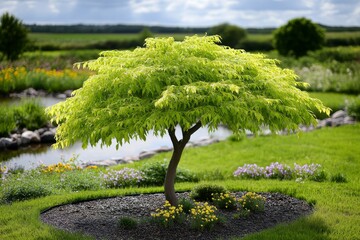 Holly willow tree in a spring garden, with its soft green leaves gently blowing in the breeze, surrounded by blooming wildflowers and a small stream nearby