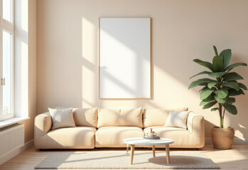a bright living room with sofa and Mockup frame on the wall for a copy space,