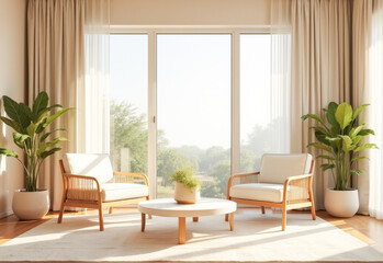 a bright room, two armchairs and a coffee table , minimalism