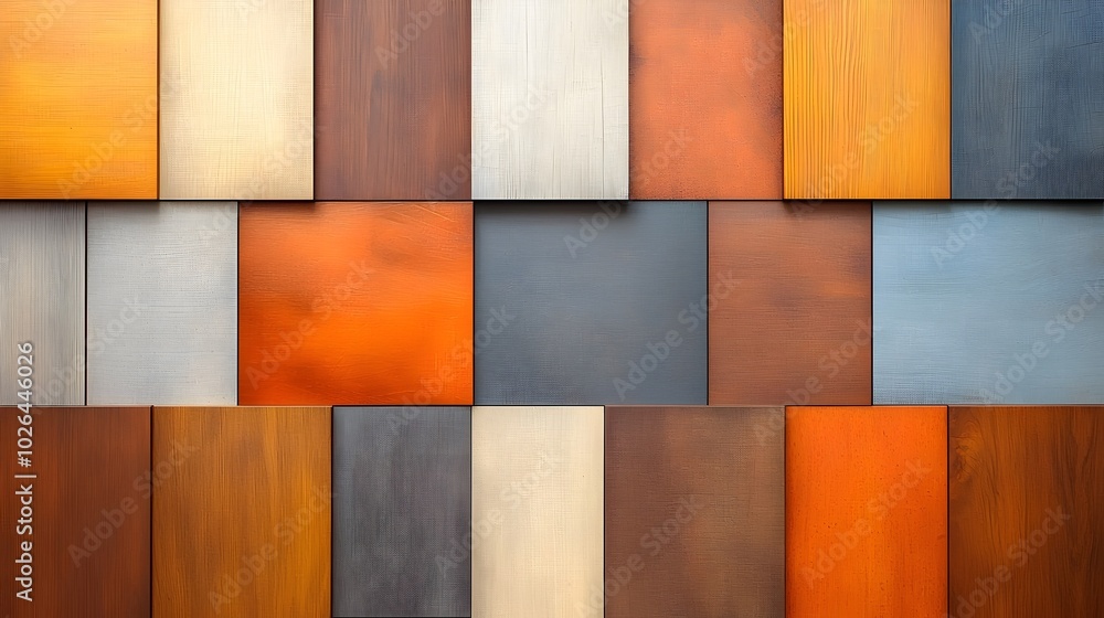 Poster elegant abstract wood block patterns - minimalist design with ambient lighting and earthy hues in ne