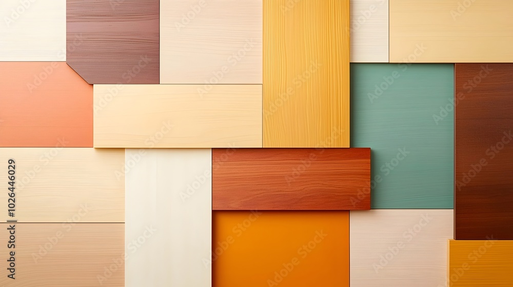 Poster elegant abstract wood block patterns: minimalist design with ambient lighting in earthy tones and a 