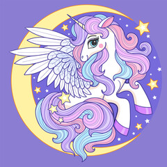 Cute cartoon unicorn with rainbow mane sits on the moon among the stars. Magic and sorcery theme. For children's design of prints, posters, cards, stickers, puzzles, etc. Vector illustration