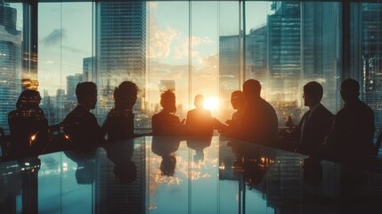Double exposure image of many business people conference group meeting on city office building in background showing partnership success of business deal. Concept of teamwork