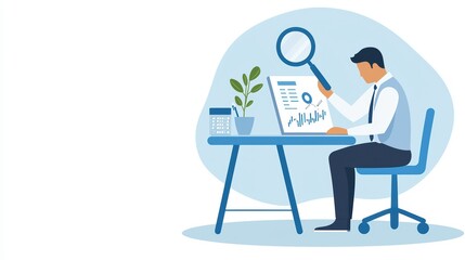 A businessman analyzes data with a magnifying glass at his desk with a plant and calculator.