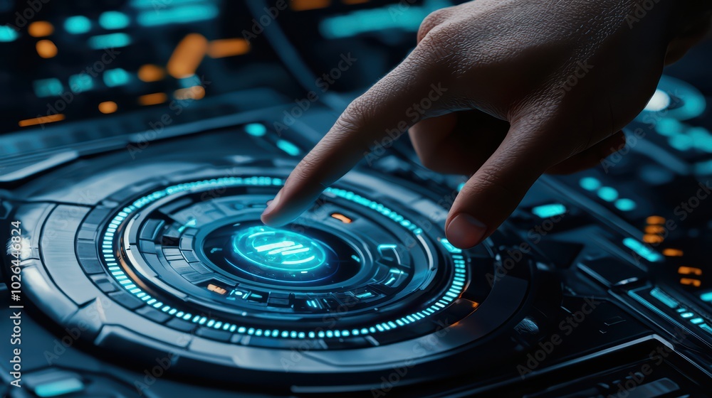 Poster a close-up of a hand interacting with a futuristic digital interface control panel.