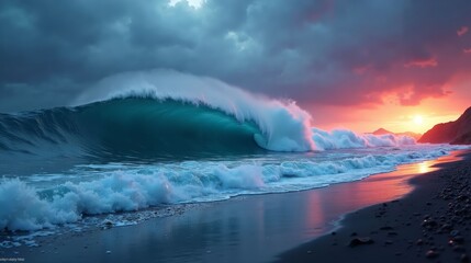 Artistic Representation of a Tsunami Wave Crashing onto Shore with Dramatic Lighting and Vibrant Colors