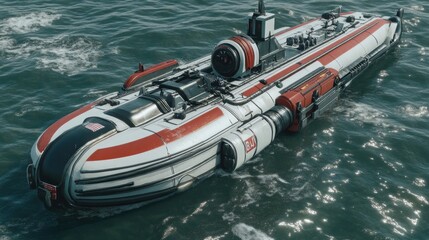 A futuristic, white and red submarine with black accents floats on a calm, blue ocean.