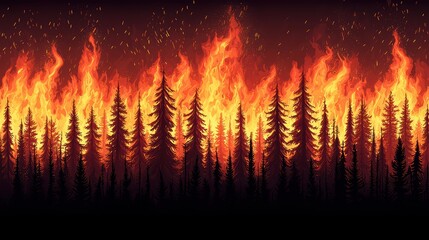 A dramatic forest fire with tall trees engulfed in flames, conveying the intensity and urgency of wildfire situations.
