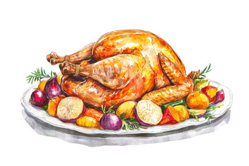 Roasted Thanksgiving turkey presented on platter with colorful root vegetables isolated on white background, watercolor style	