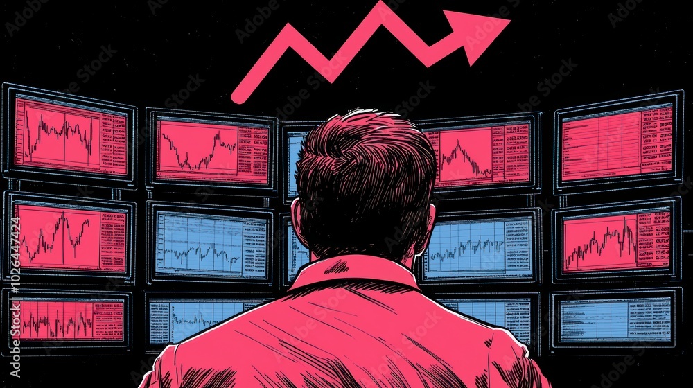 Poster a focused individual analyzing stock market data on multiple screens, with a rising trend graph high