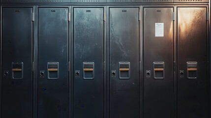 Close-up of dark metal school lockers