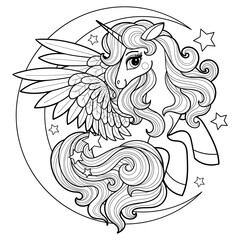 Beautiful unicorn with wings sits on the moon. Black and white linear drawing. Flat design. For children's design of coloring books, prints, posters, postcards, stickers, puzzles, etc. Vector illustra