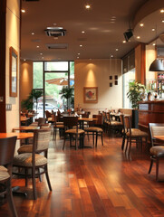 Obraz premium A warm and inviting modern cafe interior with wooden floors, stylish lighting, and neatly arranged tables and chairs near large windows.