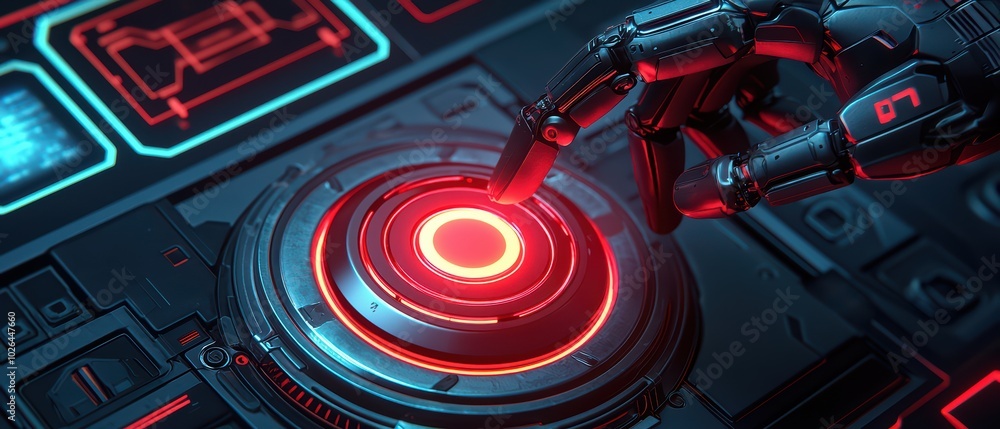 Poster a futuristic robotic hand activating a glowing red button on a high-tech interface.