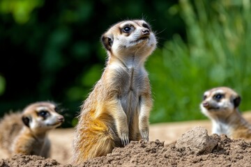 Meerkats standing upright, keeping watch over their enclosure, with one climbing onto a small rock while others dig and play