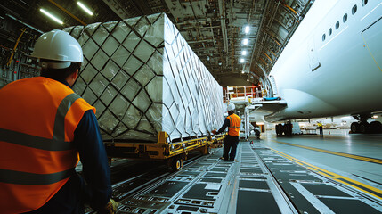 A side view of a cargo container being secured inside a plane, with workers ensuring the cargo is properly balanced