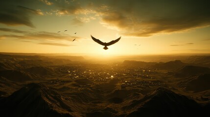 Naklejka premium A majestic eagle soaring over a vast, sunlit valley with dramatic clouds and rugged mountains at sunset.