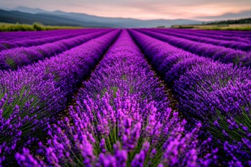 Minimalist lavender field, with clean rows of purple flowers leading toward a simple horizon line under a clear sky