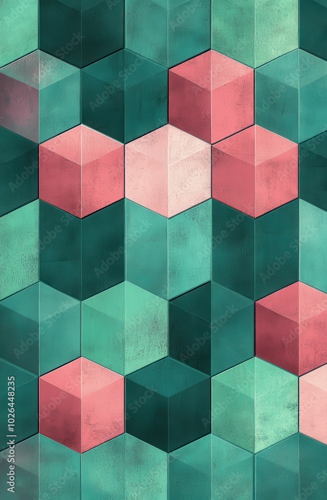 Poster a seamless pattern of overlapping squares in varied shades of green and pink creating a modern abstr