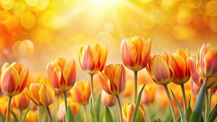 Panoramic tulip pattern with yellow and orange flowers in defocus