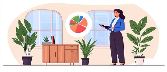 A professional woman analyzing data with a pie chart in an office surrounded by plants and modern furniture.