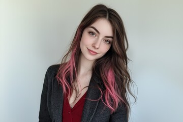 Naklejka premium Woman with Long Brown Hair and Pink Highlights Smiling on a White Background. Generative AI.