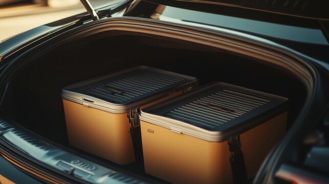 Two stylish coolers in a car trunk