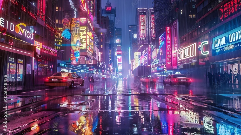 Poster Futuristic night cityscape  towering skyscrapers with neon lights reflecting on wet streets