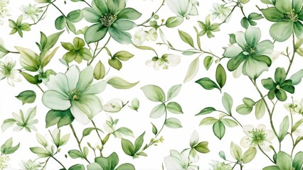 A floral pattern featuring green leaves and flowers on a white background.