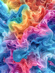 Obraz premium A close-up abstract design of flowing, colorful textures with intricate details and bubbles, creating a vibrant, rainbow-like effect.