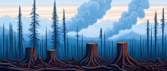 A serene landscape featuring tree stumps and a smoky horizon, highlighting deforestation's impact on nature.