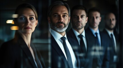 Group of business experts with digital overlays