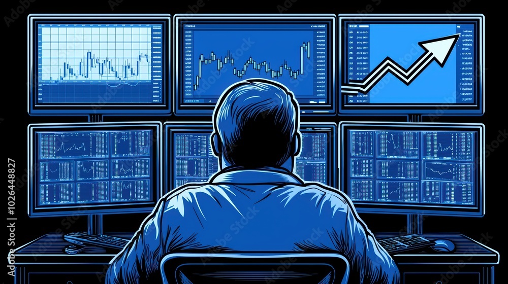 Aufkleber a trader analyzing market trends on multiple screens with financial graphs and data, focused on inve