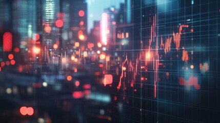 Illuminated stock market graph overlay on a blurred cityscape.
